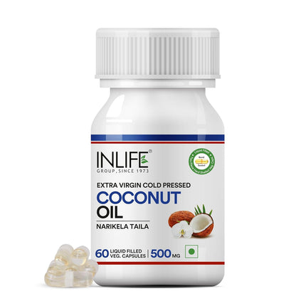 INLIFE Coconut Oil Capsules | Extra Virigin Cold Pressed | 500mg per Serving | Supports Keto & Well-being - 60 Vegetarian Capsules (Pack of 1)