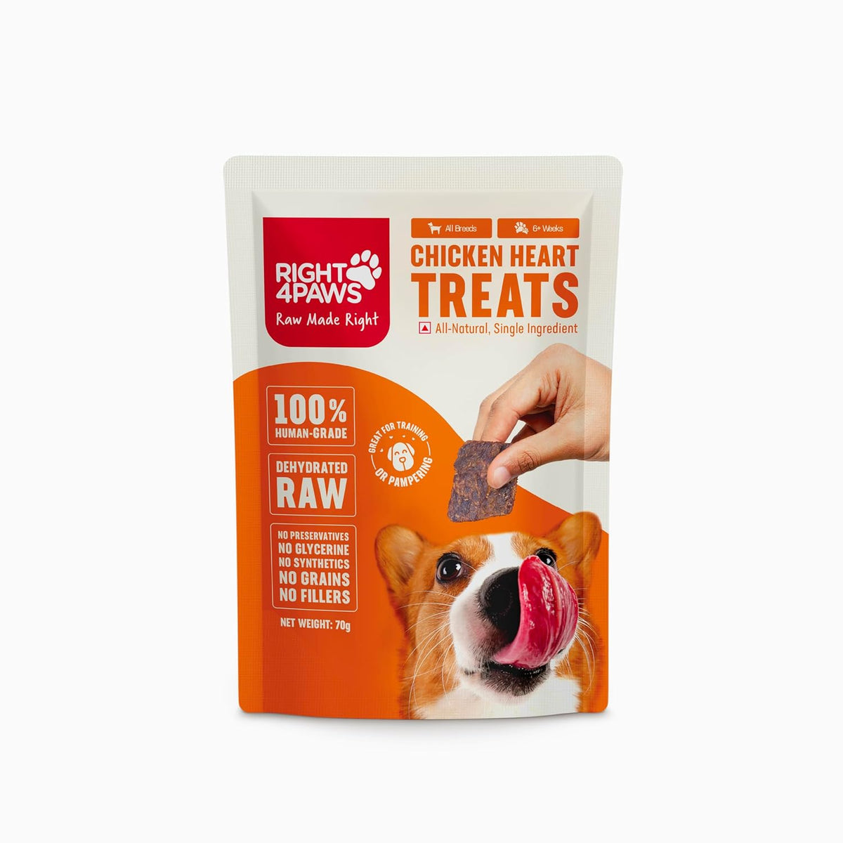 RIGHT4PAWS Chicken Heart Treats - 100% Natural & Raw, Gently Dehydrated, Grain-Free, Human-Grade Animal Meat for Dogs (Pack of 1)