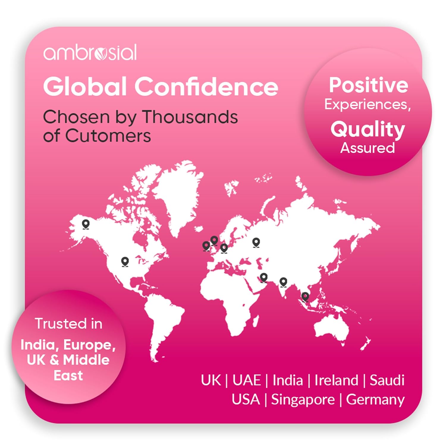 Pink mouse pad with world map and text about global confidence and customer trust.