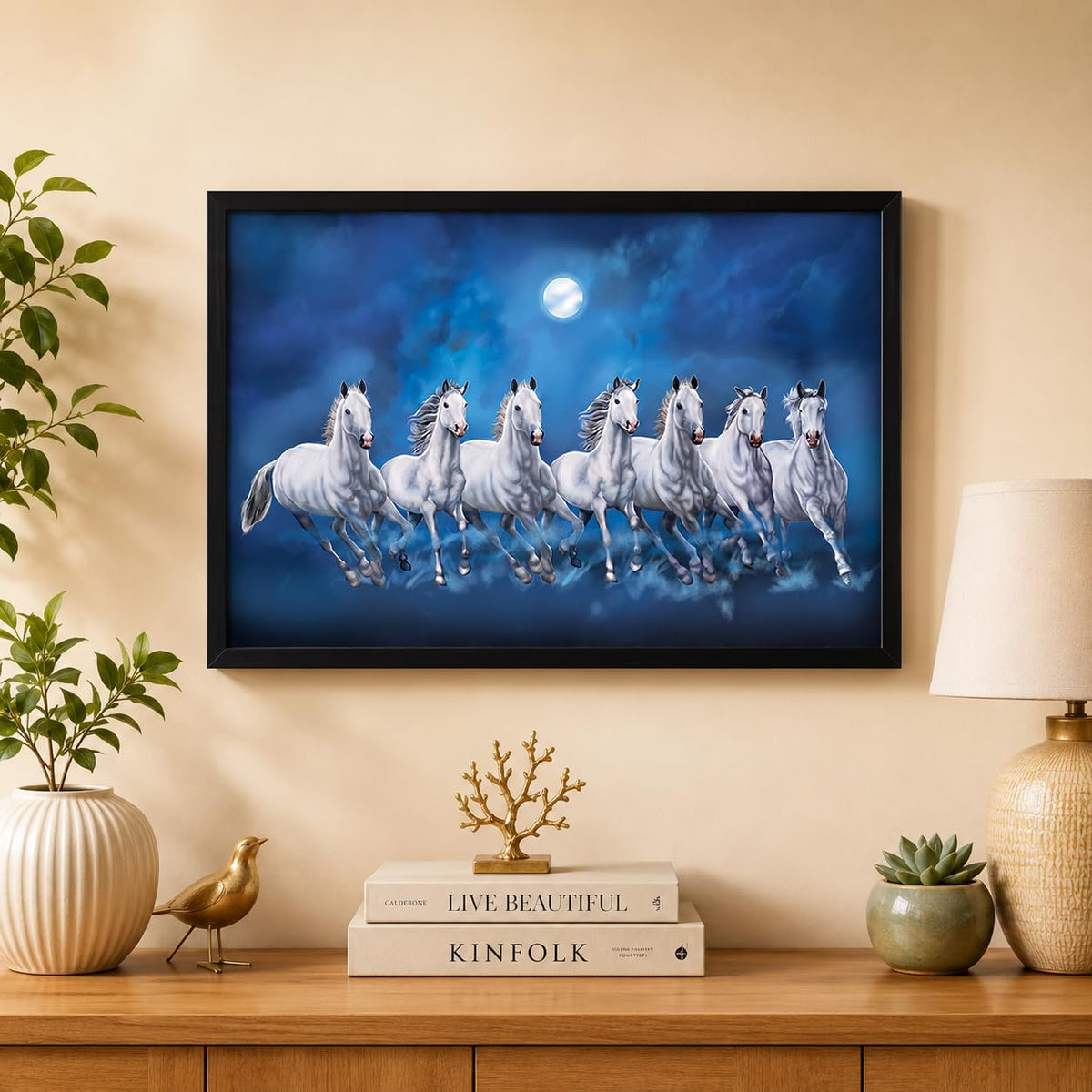 Seven Lucky Running Vastu Horses Art Framed Painting (Ocean Blue, 12 Inch x 18 Inch)