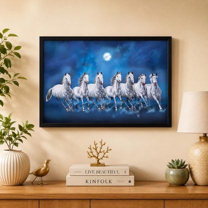Seven Lucky Running Vastu Horses Art Framed Painting (Ocean Blue, 12 Inch x 18 Inch)