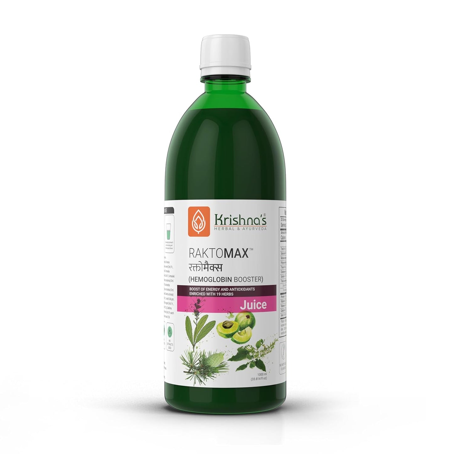 Krishna's Raktomax Juice with Power of Devdaru, Kutki, Amla & 13+ Potent Ayurvedic Herbs for Hemoglobin Boost, Improves Iron Absorption, Energy Support, Detoxification - 1000 ml (Pack of 1)