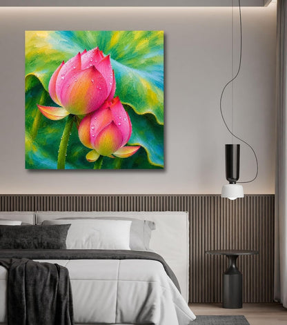 Lotus Flower Painting for Wall Vastu (15+ DESIGNS) Framed Lotus Canvas Painting for Living Room, Bedroom | Nature Floral Wall Art with Multiple Design Variations (Dark Pink Lotus, 18x18 Inch, Framed)