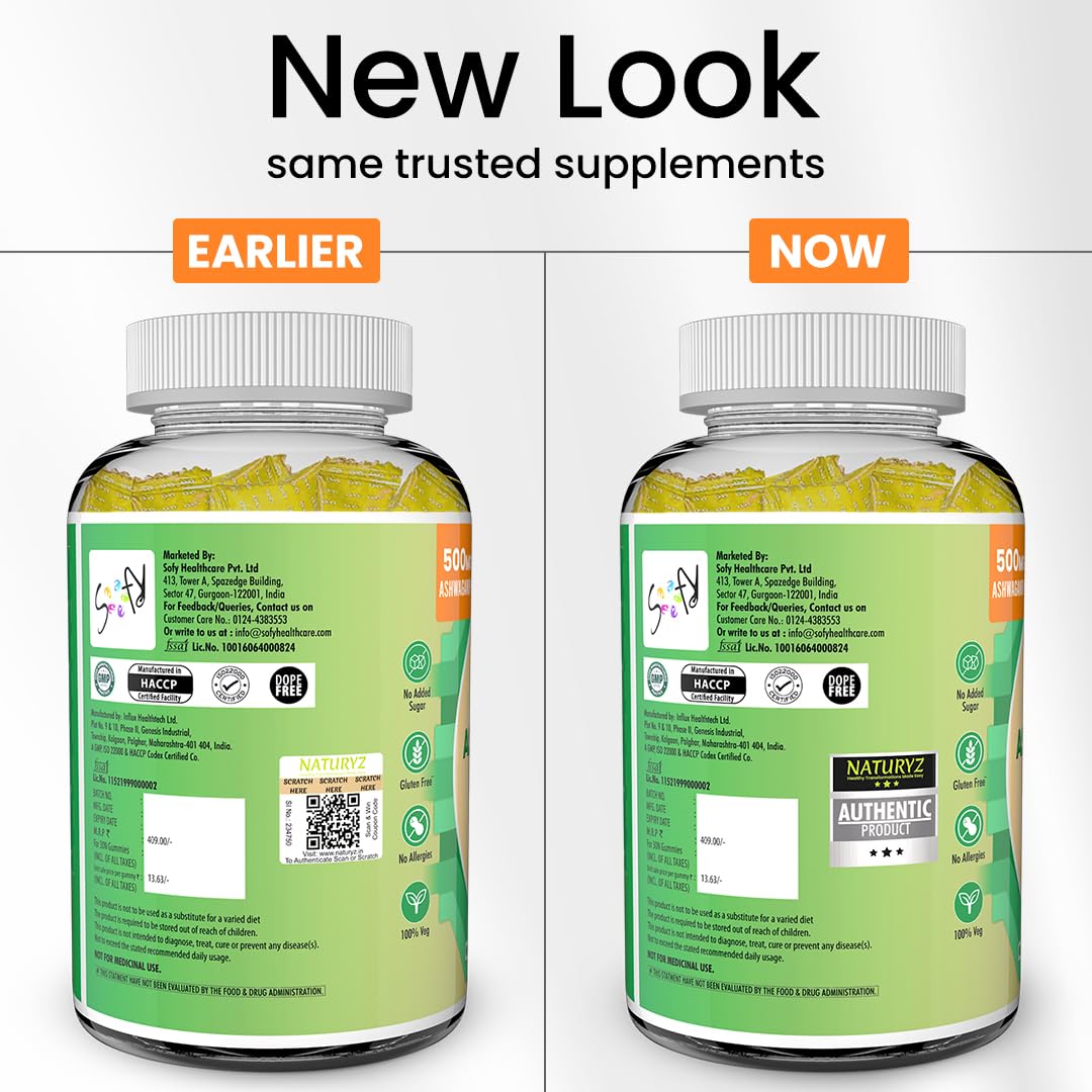 Comparison of supplement bottle labels, 'Earlier' and 'Now', on a white background.