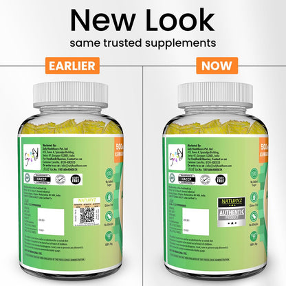 Comparison of supplement bottle labels, 'Earlier' and 'Now', on a white background.