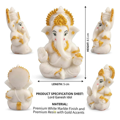 Polyresin and Marble Ganesh Ji Idol Murti for Pooja Room & Car Dashboard (White, Aashirwad Mudra)