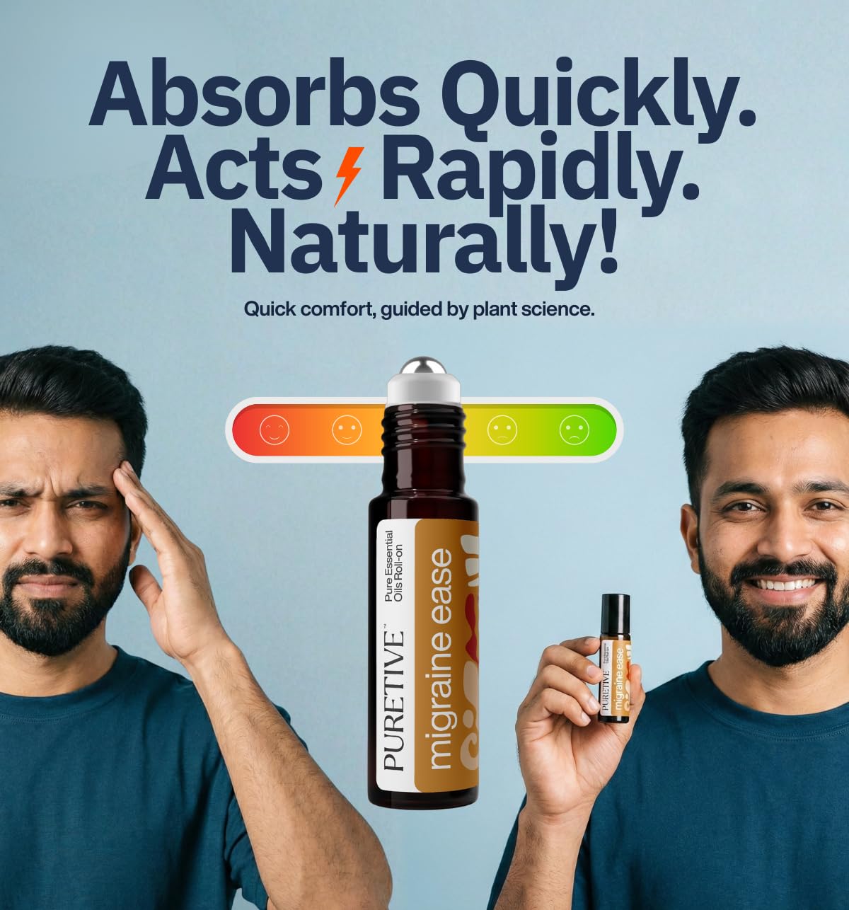 Advertisement for a migraine relief product with a man holding the bottle and another showing a satisfied expression.