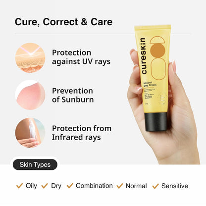 Cureskin Mineral Day Cream Sunscreen Matte Finish SPF 30 PA+++ | Broad Spectrum Sun (UVA, UVB & IR) Protection | Zinc Oxide with Prebiotics, 50 g (Pack of 1)
