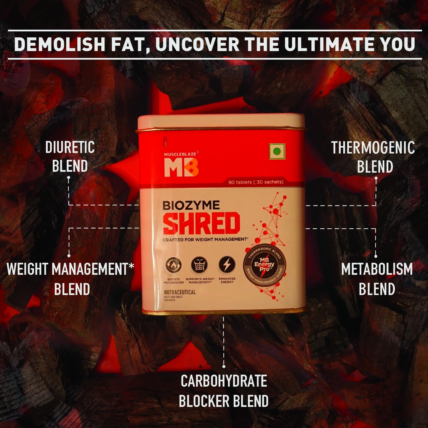 MuscleBlaze Biozyme Shred, 90 Tablets, with Thermogenic, Metabolism, Weight Management, Carbohydrate Blocker and Diuretic Blends & MB Energy Pro | Supports Weight Management & Boosts Metabolism