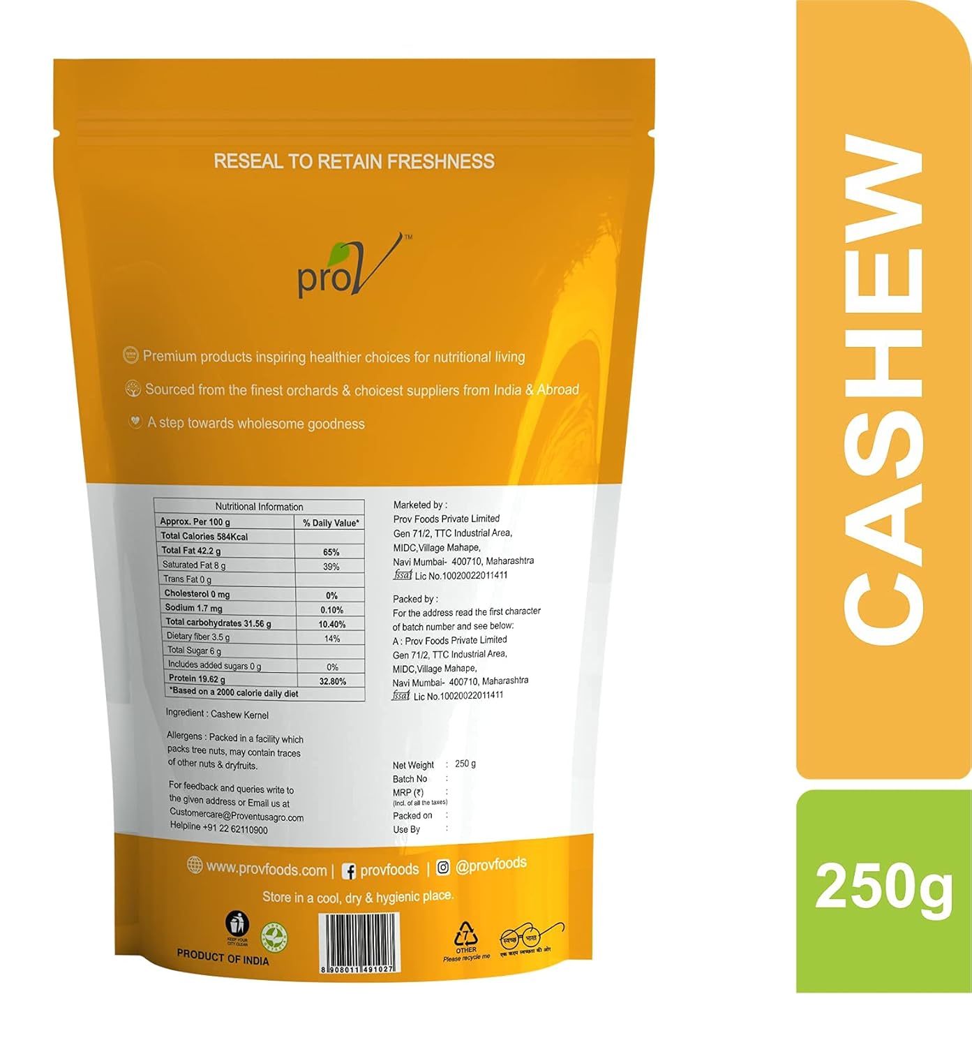 ProV Premium Whole Natural Cashews | 250g | Rich in Protein & Healthy Fats | Cholesterol Free | Crunchy Kaju Snack
