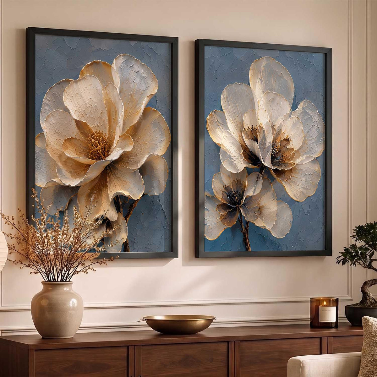 2 Piece Framed Wall Art Set, 3D Textured Floral Botanical Painting, Modern Abstract Flower Wall Decor for Living Room Bedroom Dining Room Office, Ready to Hang, Ideal for Housewarming Gift (design 1, 13X19, Black)