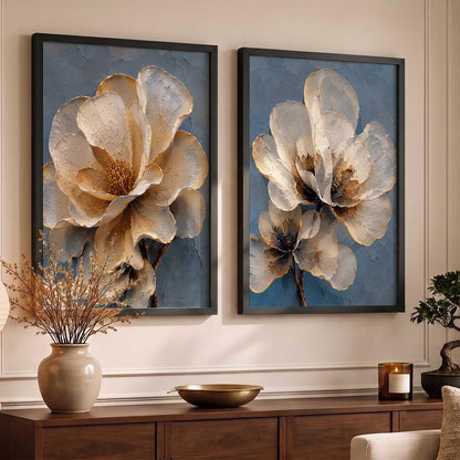 2 Piece Framed Wall Art Set, 3D Textured Floral Botanical Painting, Modern Abstract Flower Wall Decor for Living Room Bedroom Dining Room Office, Ready to Hang, Ideal for Housewarming Gift (design 1, 13X19, Black)