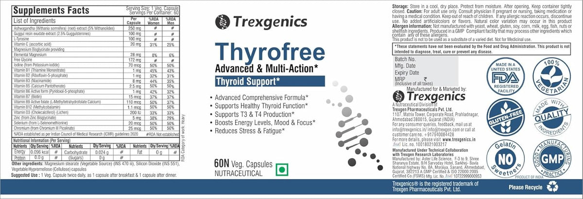 Trexegenics Thyrofree supplement packaging with label and branding elements.