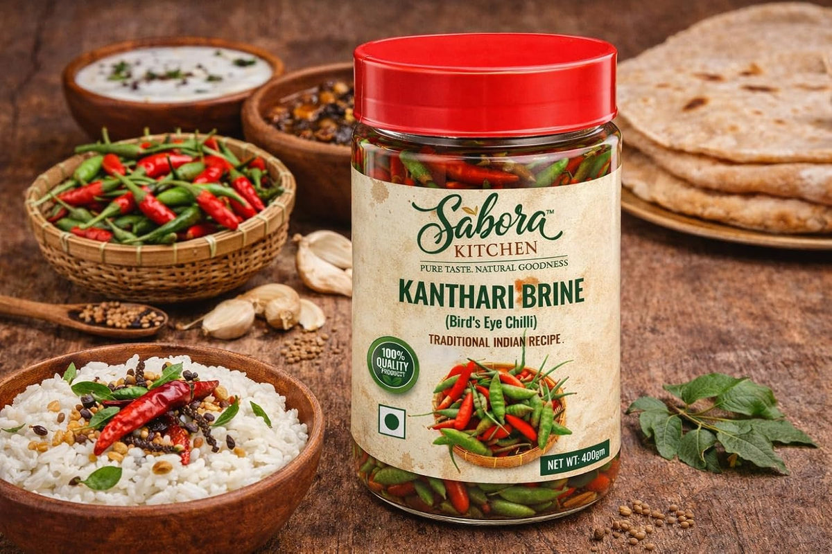 Sabora Kitchen Kanthari Brine (Bird’s Eye Chilli) 400g | Traditional Indian Recipe | Homemade Kerala Style | Spicy & Tangy Green Chillies | Ready to Use | 6 Months Shelf Life