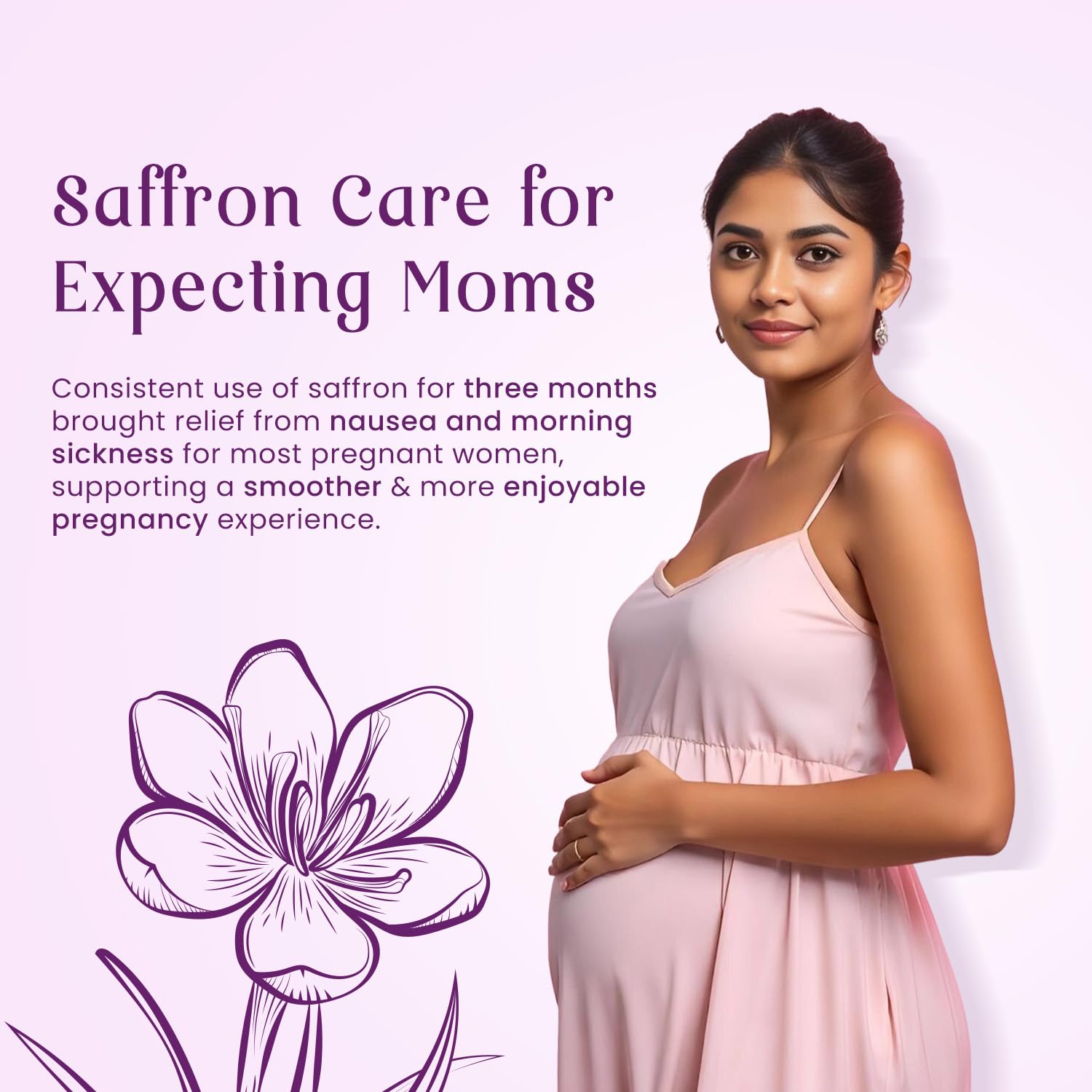 Woman in a pink dress with text about saffron care for expecting moms on a purple background