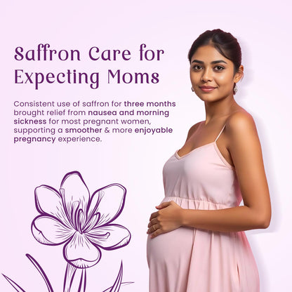 Woman in a pink dress with text about saffron care for expecting moms on a purple background
