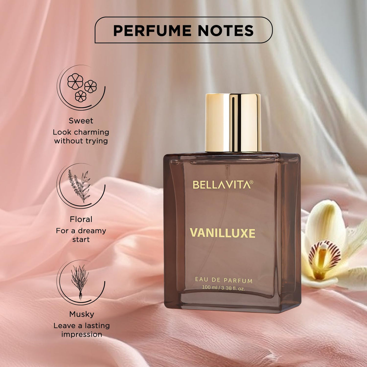 Bellavita Vanilluxe perfume bottle with floral elements on a soft pink background