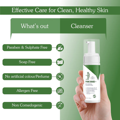 BAKE Pore Erase Foaming Face Wash with 2% Glycolic Acid, 1% Salicylic Acid & Mandelic Acid | Unclogs Pores, Reduces Blackheads & Whiteheads, Controls Sebum | For Oily, Acne Prone & Combination Skin – 100ml
