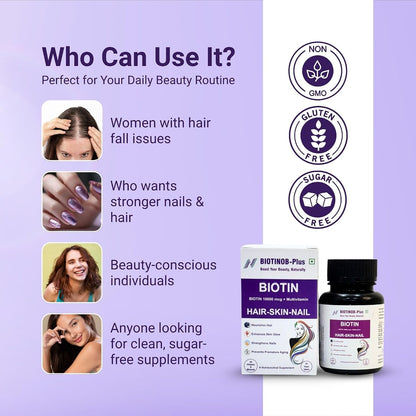 Biotinob-Plus Biotin 10000 mcg Tablets with Multivitamins for Hair, Skin & Nails – Supports Hair Growth, Strong Nails & Glowing Skin – Biotin Supplement for Men & Women – 60 Veg Tablets