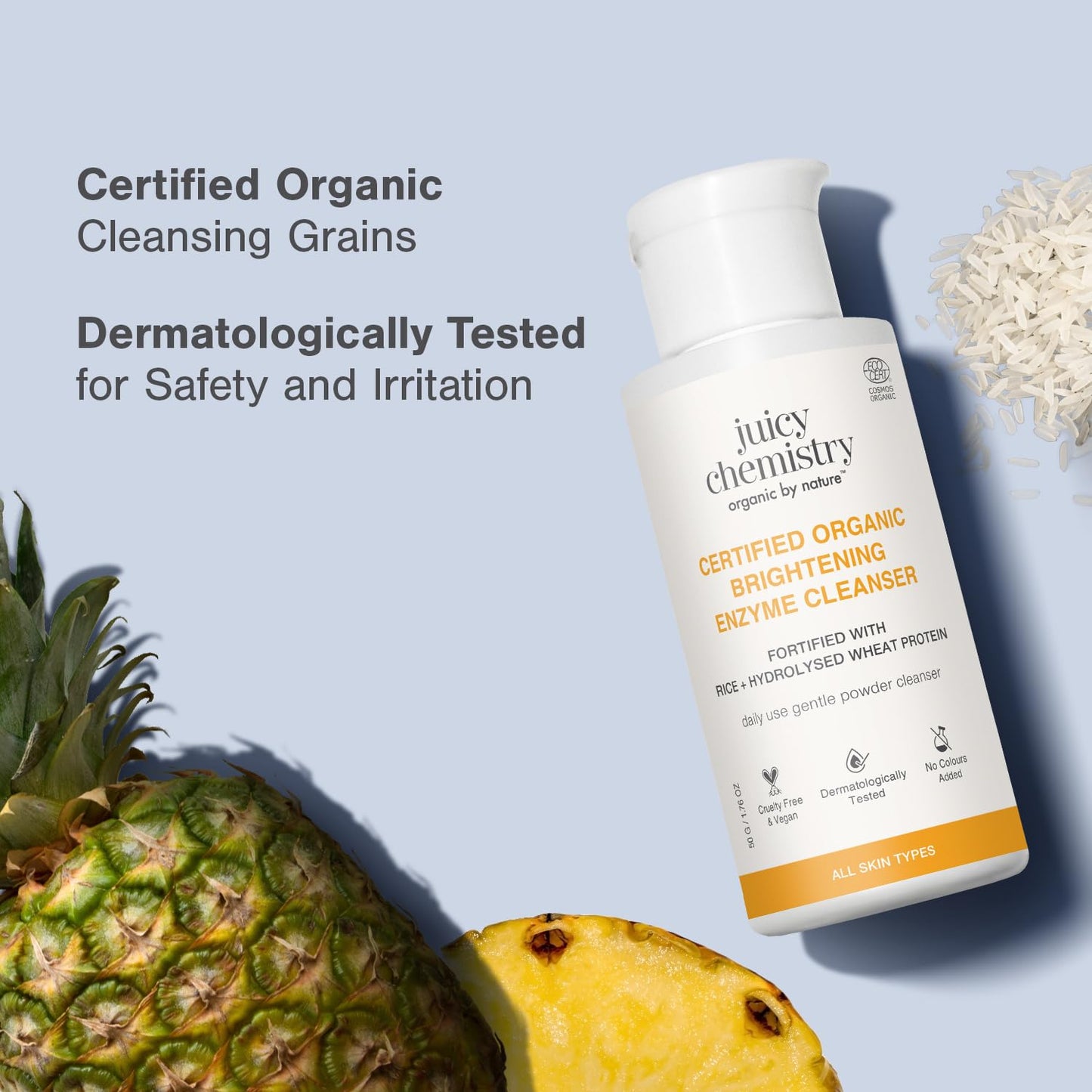 Juicy Chemistry Certified Organic Brightening Enzyme Cleanser, 50 g | Natural Fruit Enzyme Facial Cleanser | Gentle Daily Exfoliation Powder with Papaya, Pineapple, Pentavitin, Aloe | Vegan, Cruelty-Free