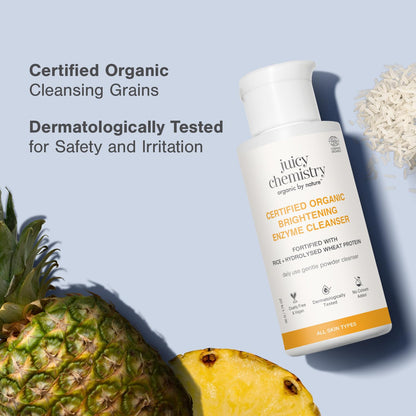 Juicy Chemistry Certified Organic Brightening Enzyme Cleanser, 50 g | Natural Fruit Enzyme Facial Cleanser | Gentle Daily Exfoliation Powder with Papaya, Pineapple, Pentavitin, Aloe | Vegan, Cruelty-Free