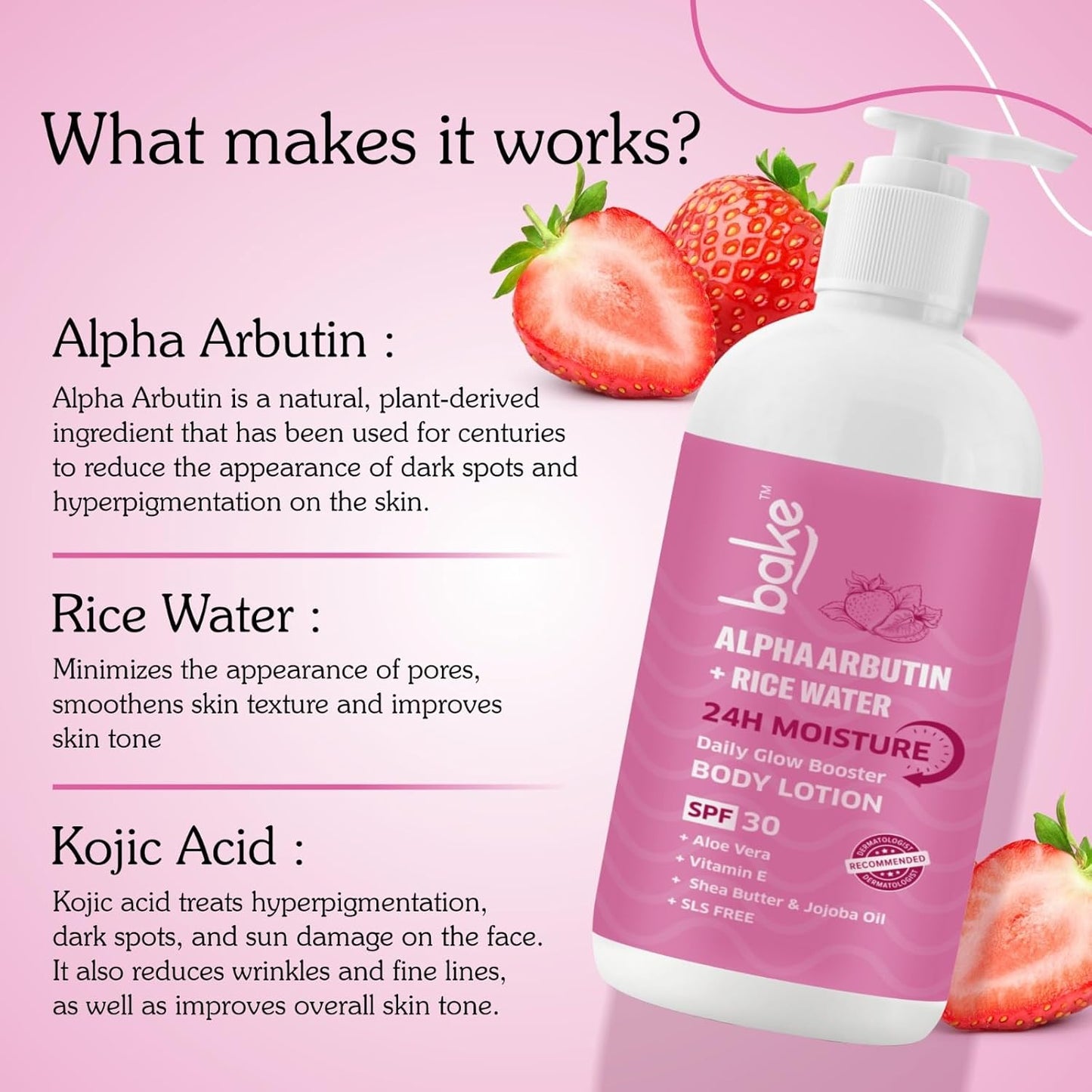 BAKE Alpha Arbutin Rice Water Body Lotion SPF 30 PA+++ for Pigmented & Tanned Skin | For Uneven Skin Tone, Tan Removal & Pigmentation | For Women & Men | 200ml