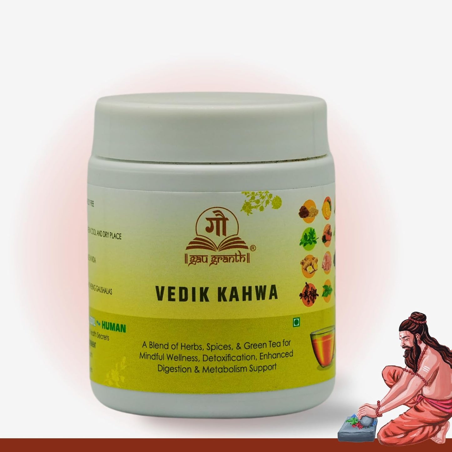 cow ved GauGranth Vedic Kahwa - 80G (Pack Of 1) | Boosts Immunity & Energy | Supports Digestion | Blend of 12 Real Ayurvedic Herbs - Cinnamon, Ginger, Turmeric, Asafoetida