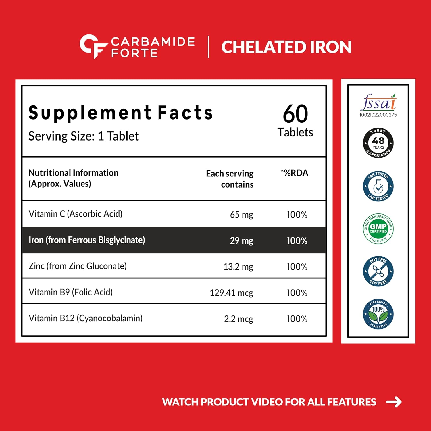 Supplement facts label for Carbamide Forte Chelated Iron on a red background with logos and text.
