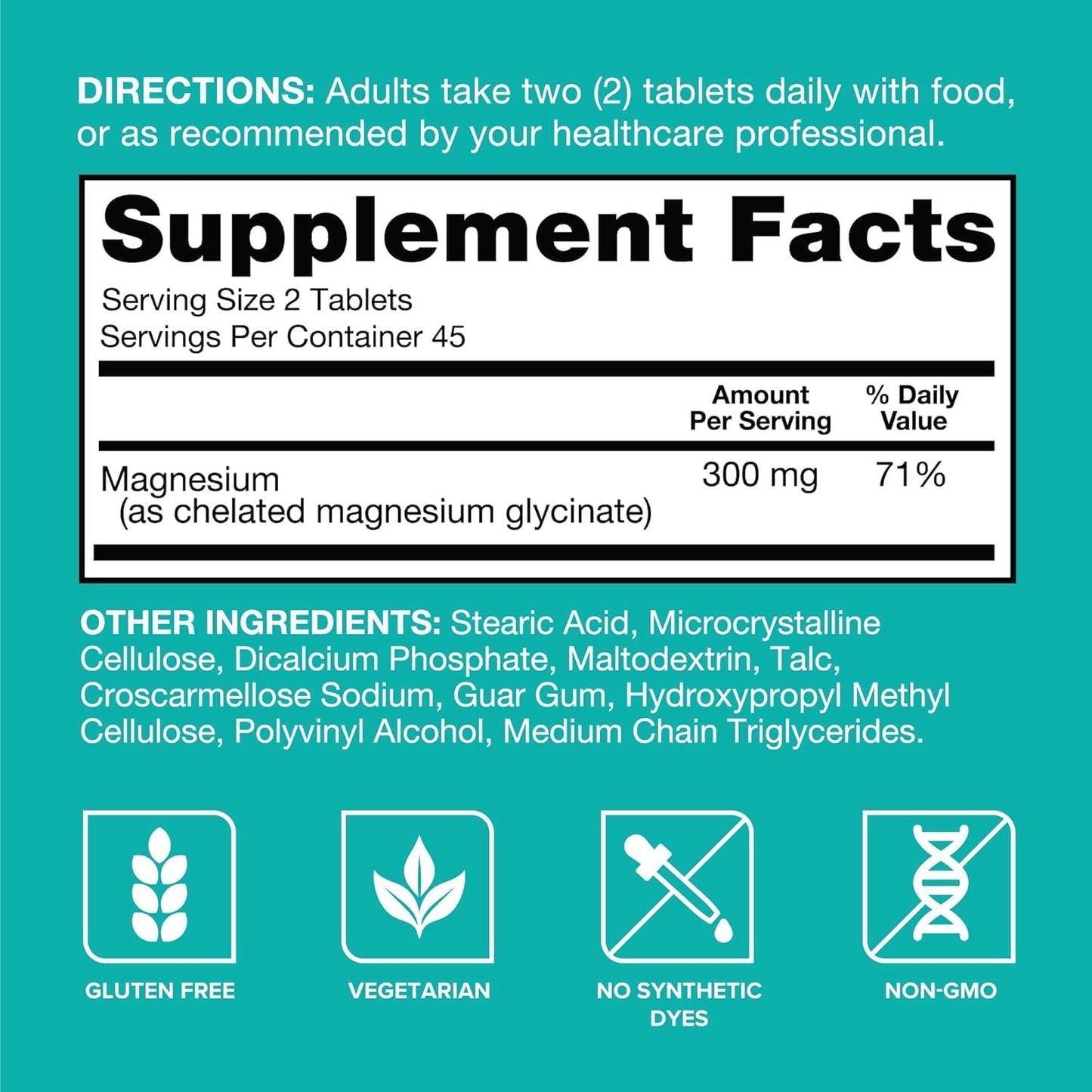 Supplement label with directions and facts on a teal background