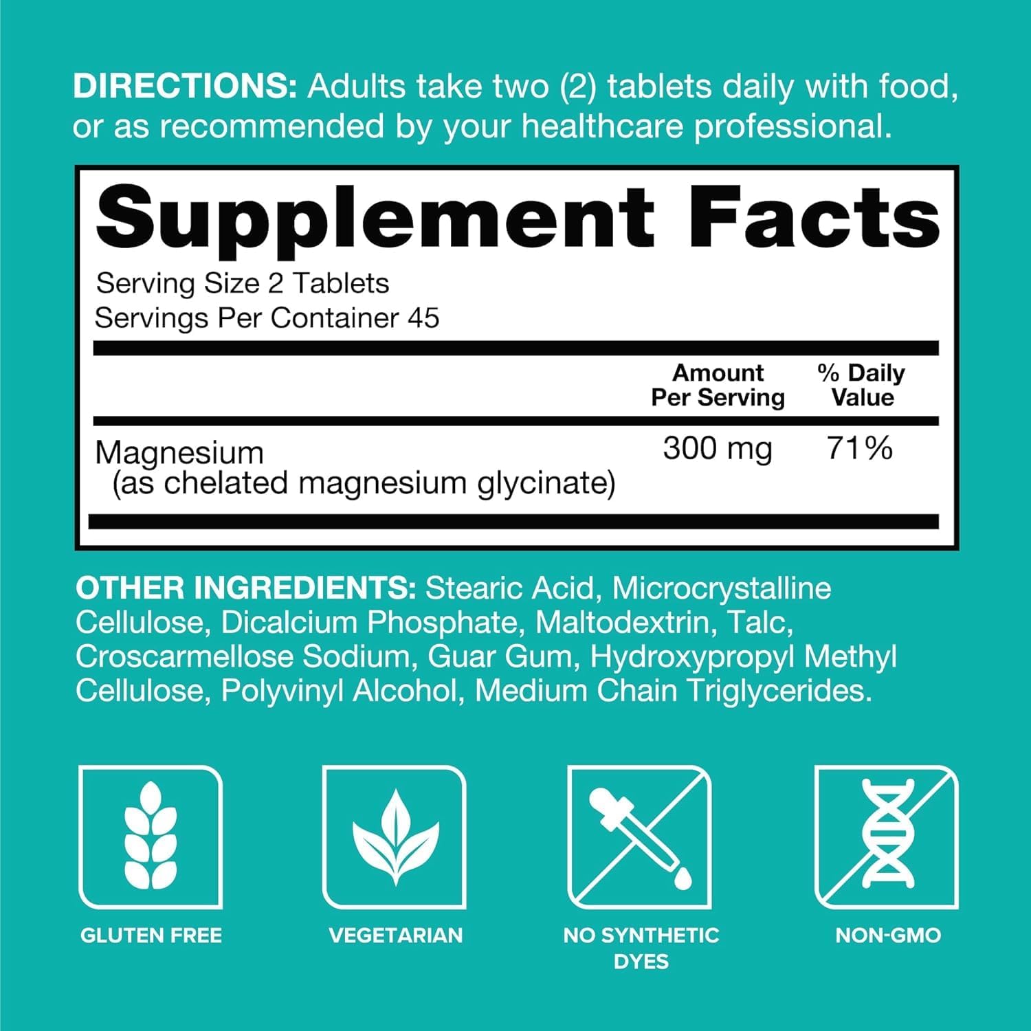 Supplement label with directions and facts on a teal background