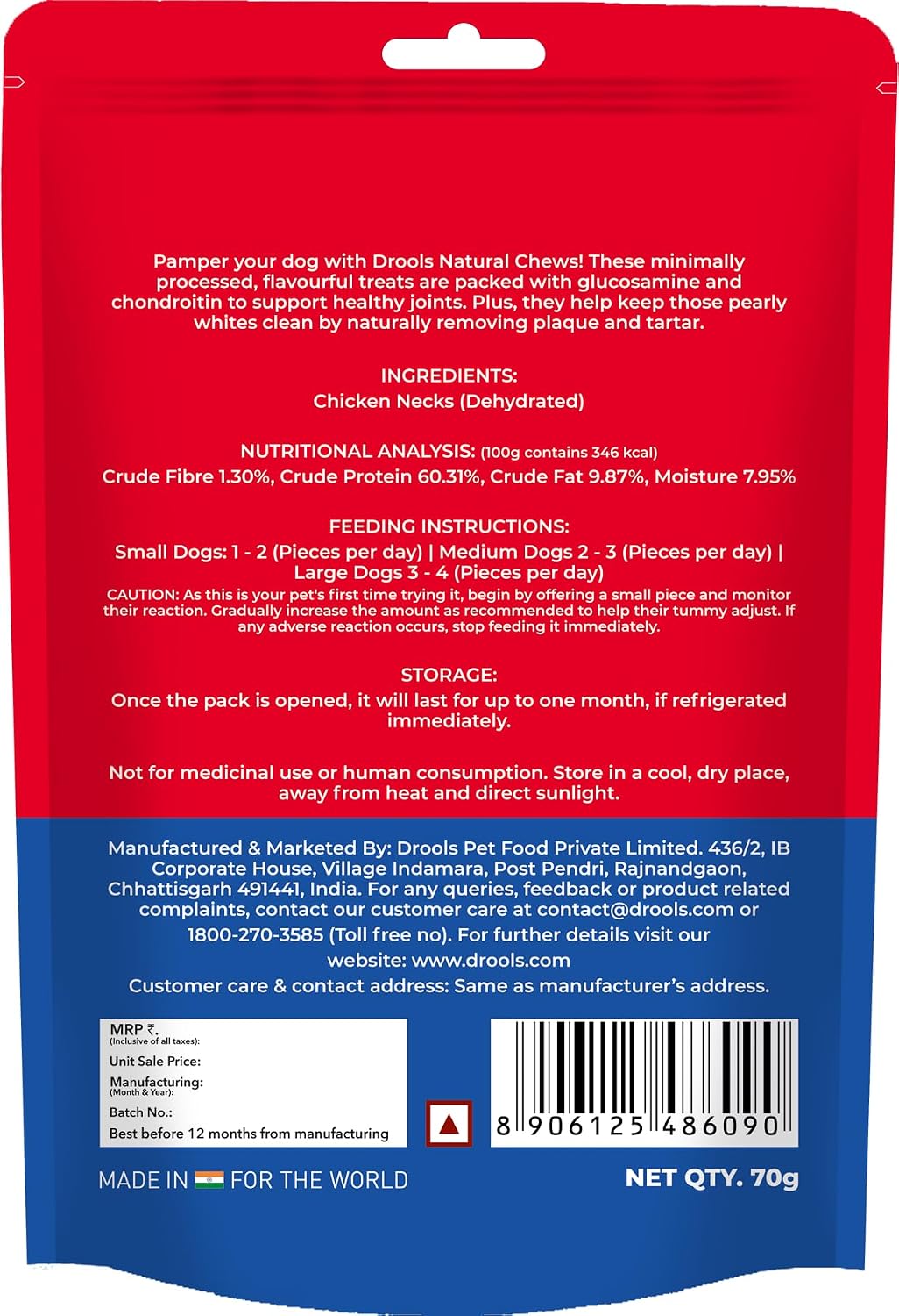 Drools Dog Treats, Dehydrated Real Chicken Chews Necks, 70g, All Life Stages, Bone