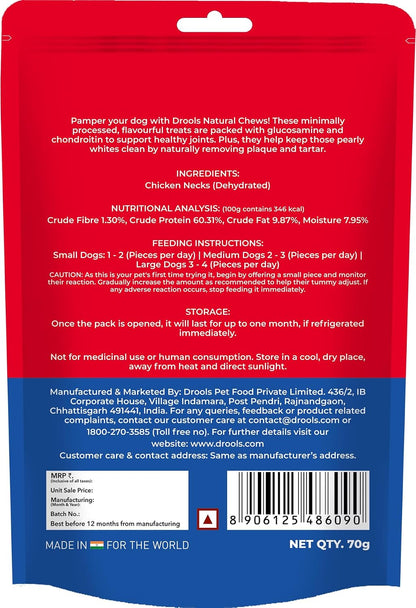 Drools Dog Treats, Dehydrated Real Chicken Chews Necks, 70g, All Life Stages, Bone