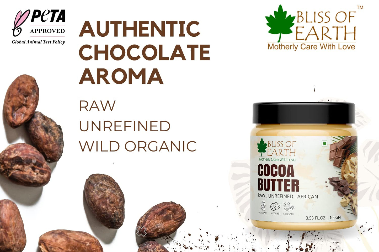 Bliss of Earth African Cocoa Butter, Rich in Fatty Acids and Antioxidants, Raw Cocoa Chocolate Butter, Vegan, PETA Approved, Moisturizes, Prevents Stretch Marks, Anti-Aging, 100 g,