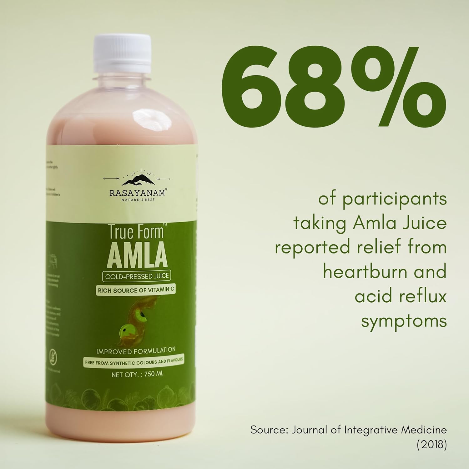 Bottle of Rasayanam True Form Amla juice with text on relief from heartburn and acid reflux.