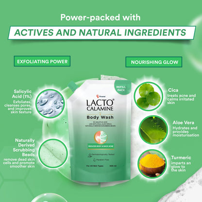 Lacto Calamine 1% Salicylic Acid Body Wash Refill Pouch | 500ml x Pack of 1 | For Body Acne, Back Acne, Rough & Bumpy Skin |Cica, Aloe Vera, Turmeric & Natural Scrub Beads | Shower Gel For Men & Women