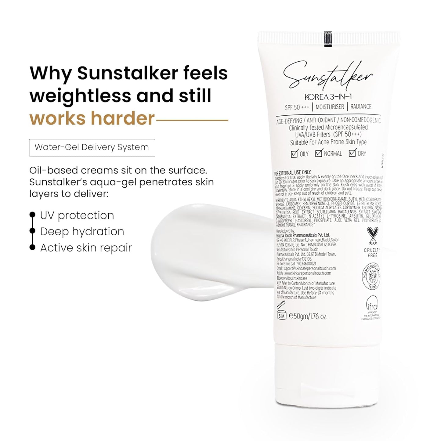Sunstalker skincare product with text explaining its features on a white background