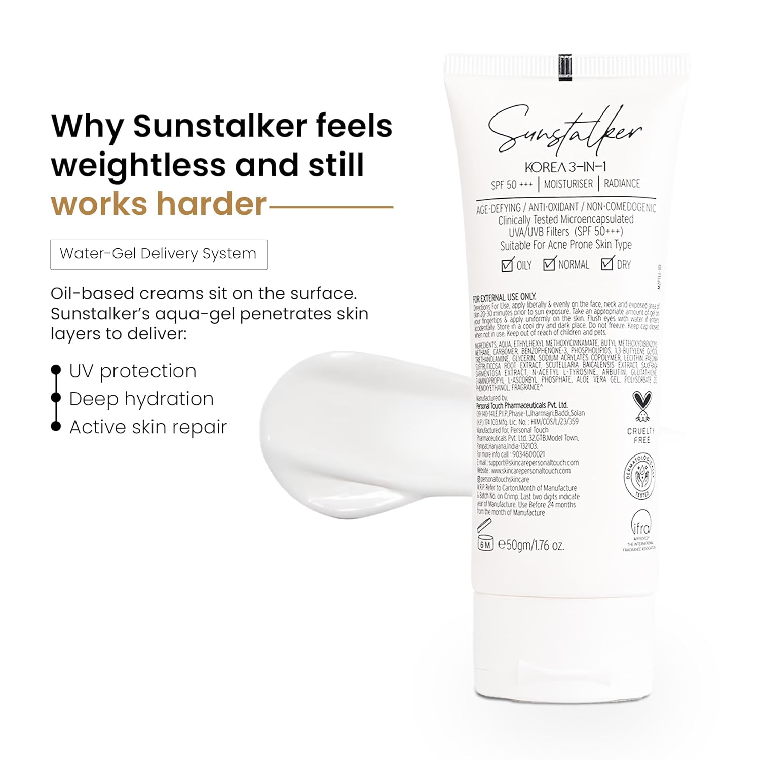 Sunstalker skincare product with text explaining its features on a white background