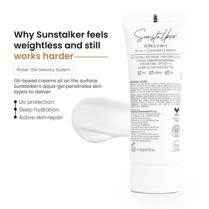 Sunstalker skincare product with text explaining its features on a white background