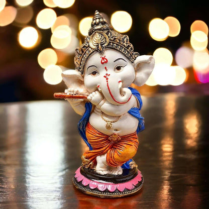 Handcrafted Resin Flute Ganesha Idol Showpiece for Home Decor Office Dashboard Temple Spiritual Gift Figurine 15 cm