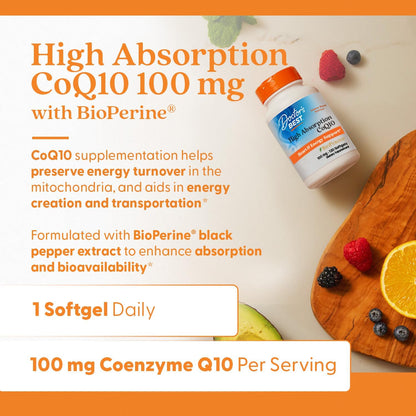 CoQ10 supplement bottle with ingredients on a cutting board and text about CoQ10 benefits.