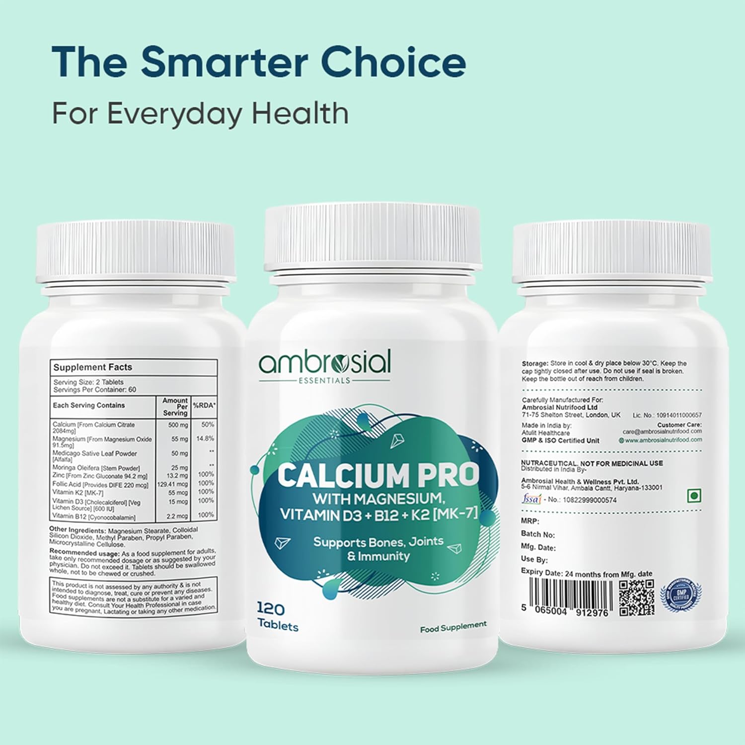 Three bottles of ambrosial Calcium Pro supplement on a light green background with text 'The Smarter Choice For Everyday Health'.