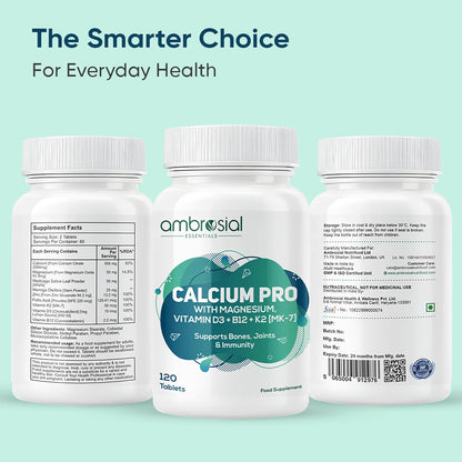 Three bottles of ambrosial Calcium Pro supplement on a light green background with text 'The Smarter Choice For Everyday Health'.