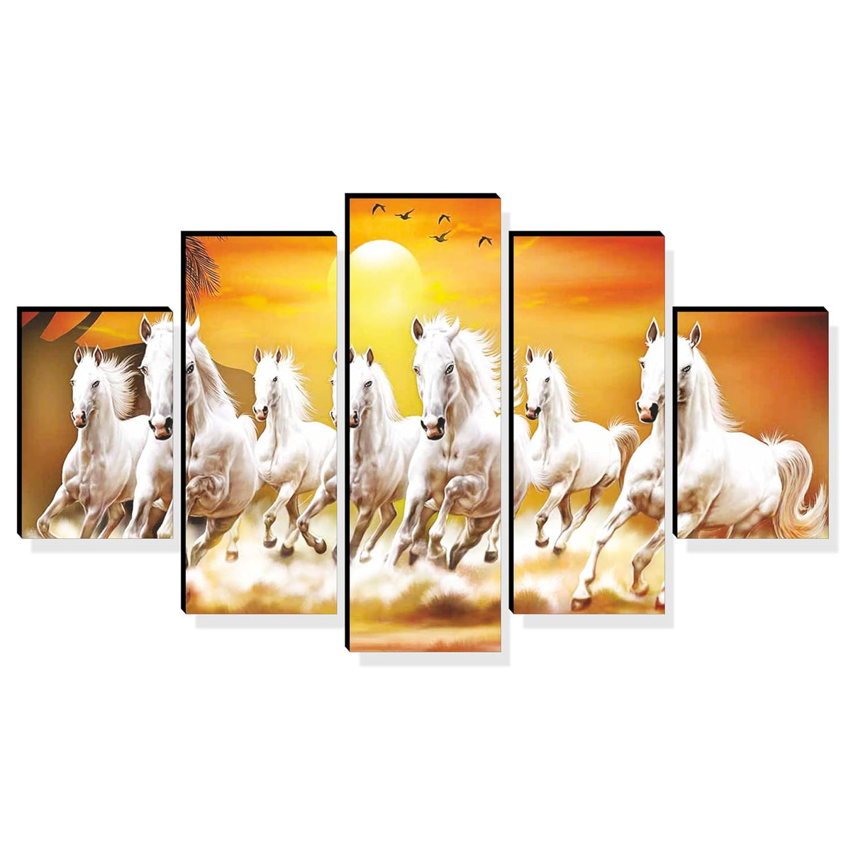 7 Running horses Paintings for Living Room | Painting for Wall Decoration | 3D Wall Art for Bedroom | Seven Running Horse Wall Painting Set of 5 (76.2 x 45.72 cms) PNLS173