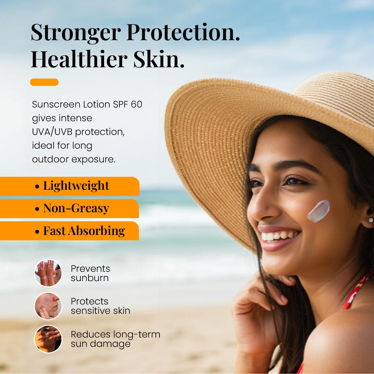 Woman applying sunscreen with beach background and text about sunscreen benefits