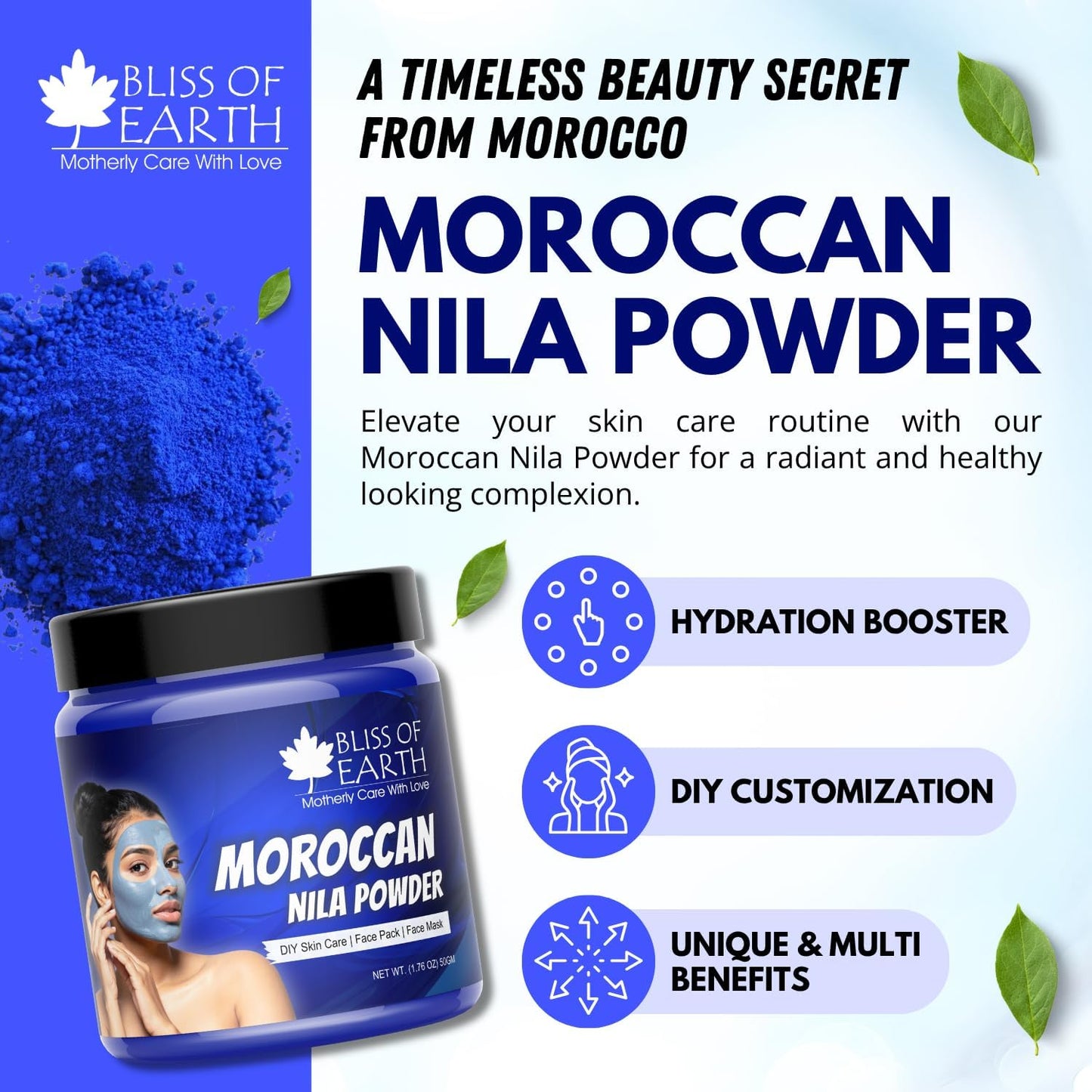 Bliss of Earth Moroccan Nila Powder 50gm for Face | Tan Care & Pore Care | Blue Powder for Deep Cleansing, Skin Care & Smooth Texture Support