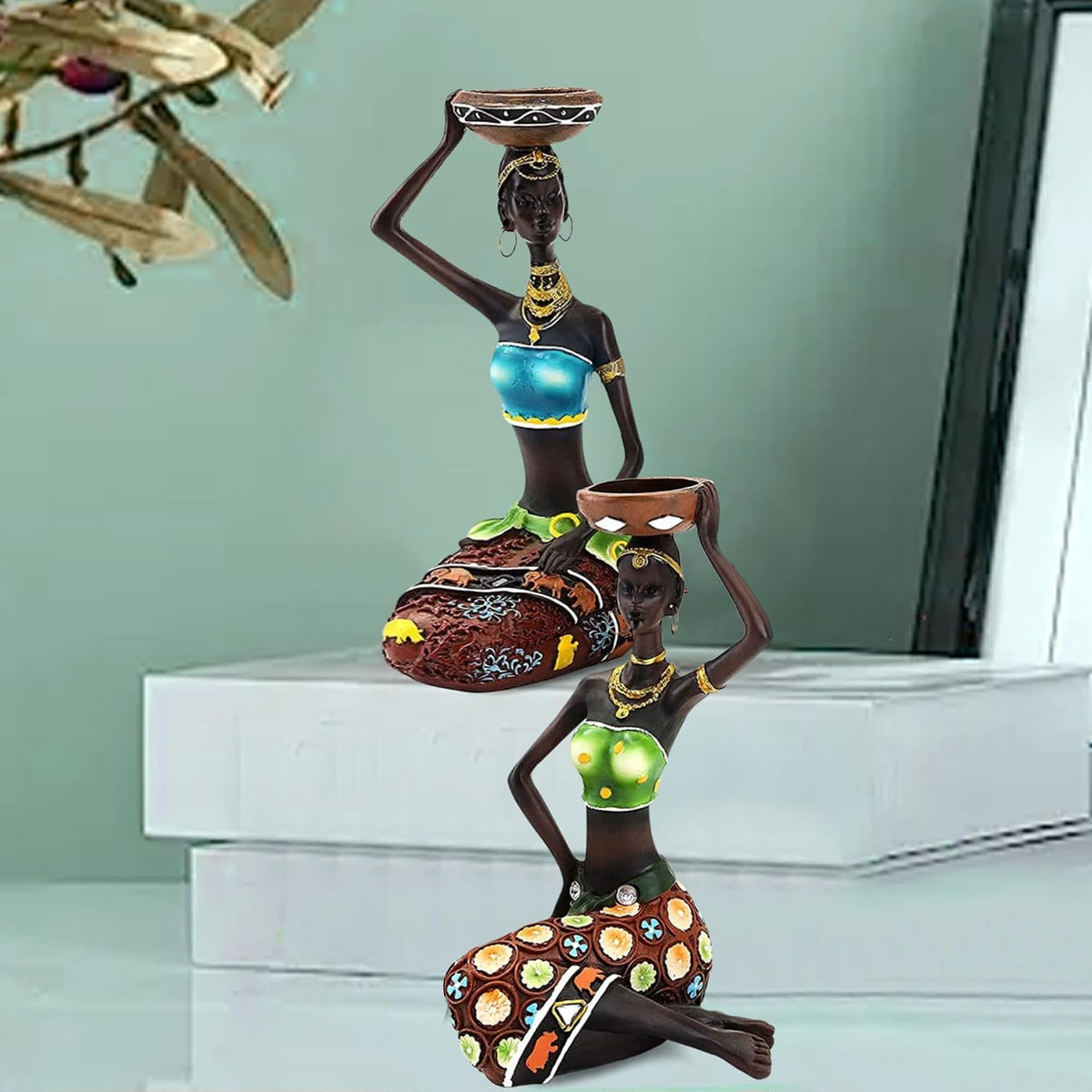 Resin African Women for Home Deco(Set of 2 Piece, Multicolor)