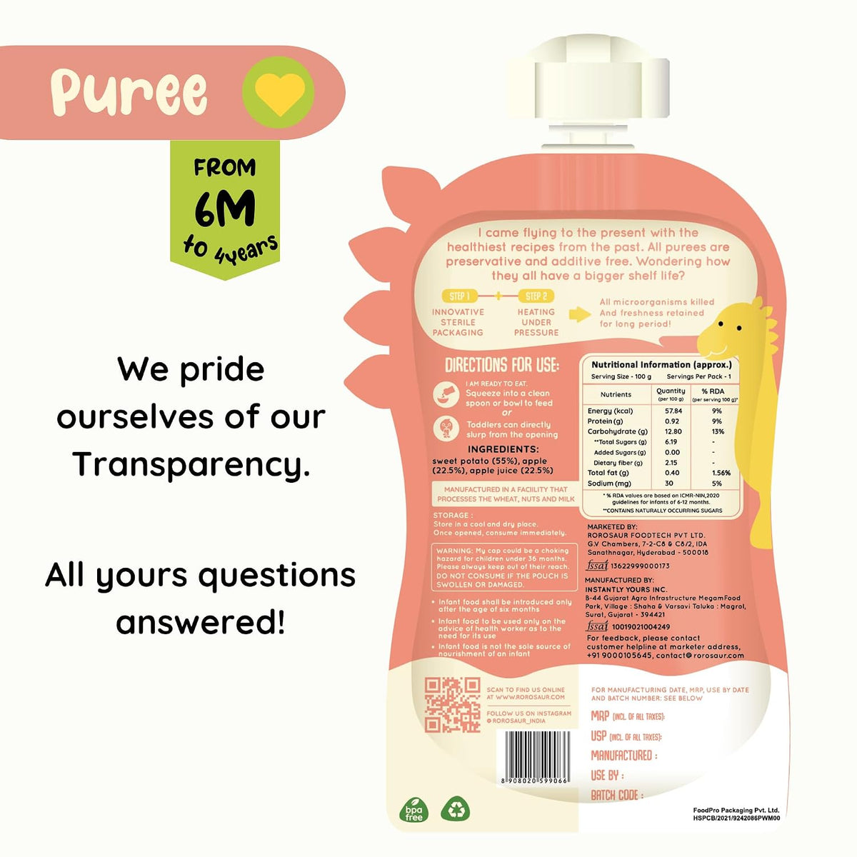 Rorosaur Ready to Eat Fruit & Veggie Baby Food Puree Pouch for 6+ Months 100g each, Pk of 2 | Made With Sweet potato & Apple Puree | 100% Natural Healthy Snack, No Preservatives, No Added Sugar