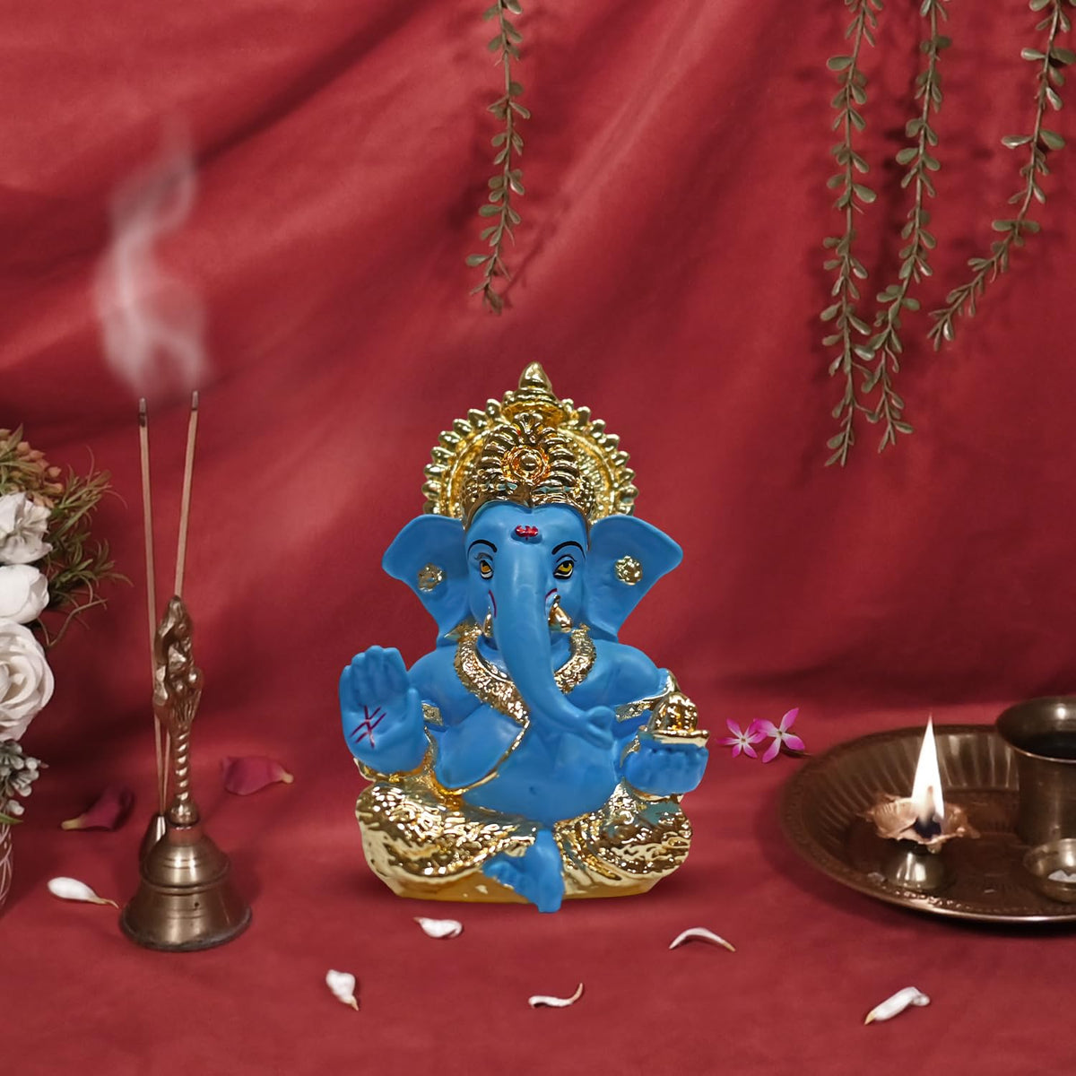 Gold Plated Lord Ganesha Idol for Home Decor Puja, Office & Home Shelves, Diwali Puja, and Gifting |Ganpati Murti Sculpture & Religious 3.5 Inches (8.89 x 5.08 cm) (Mukut Gold Blue)