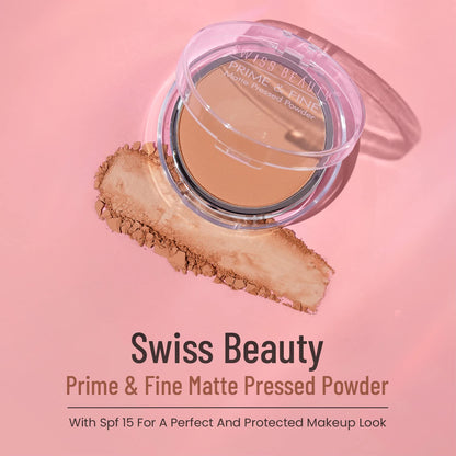 Swiss Beauty Prime & Fine Matte Pressed Powder on a pink background