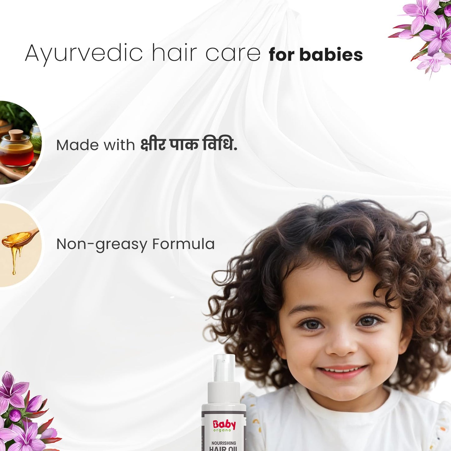 BabyOrgano Ayurvedic Nourishing Hair Oil for Babies & Kids (0-3 Years) – Best Hair Growth Oil – Soothes Cradle Cap – 100% Natural – Promotes Healthy Hair & Scalp – 100ml